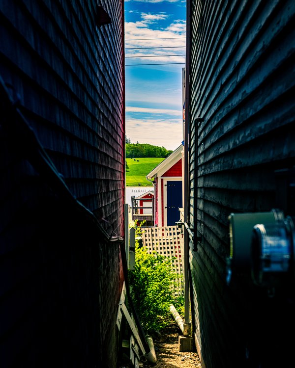 A narrow alleyway between two dark wooden buildings leads to a bright, open landscape. The alley is lined with a gravel path and some greenery. At the end, a red building with white trim stands against a backdrop of lush green fields, a waterway, and a clear blue sky with scattered clouds. Power lines stretch across the scene, adding to the rural setting.