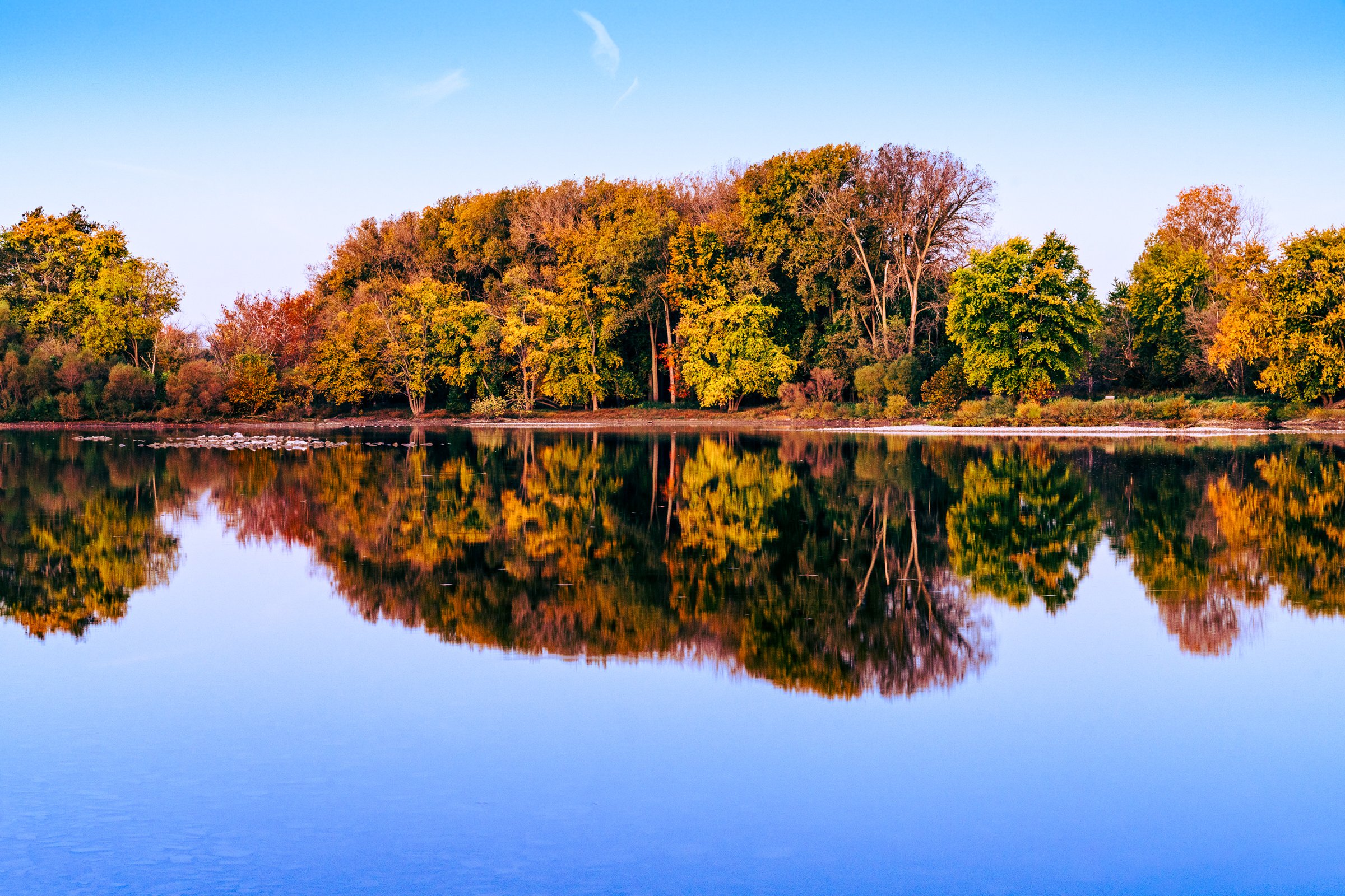 A serene autumn scene features a calm river reflecting a line of trees with vibrant foliage in shades of orange, yellow, and green. The sky is clear with a soft blue hue, and a few wispy clouds are visible. The reflection in the water is mirror-like, creating a symmetrical and tranquil atmosphere. The overall mood is peaceful and picturesque, capturing the essence of fall.